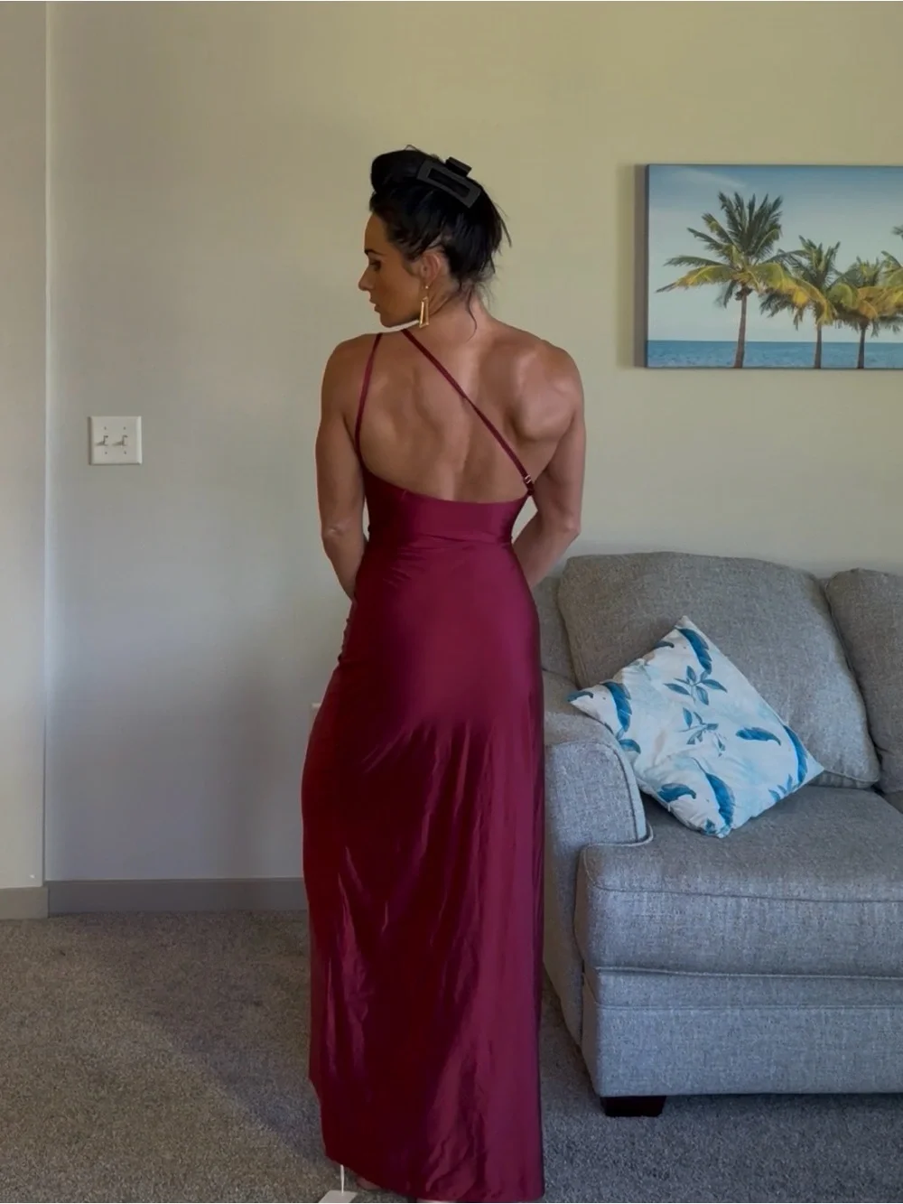 One-Shoulder Burgundy Satin Evening Dress